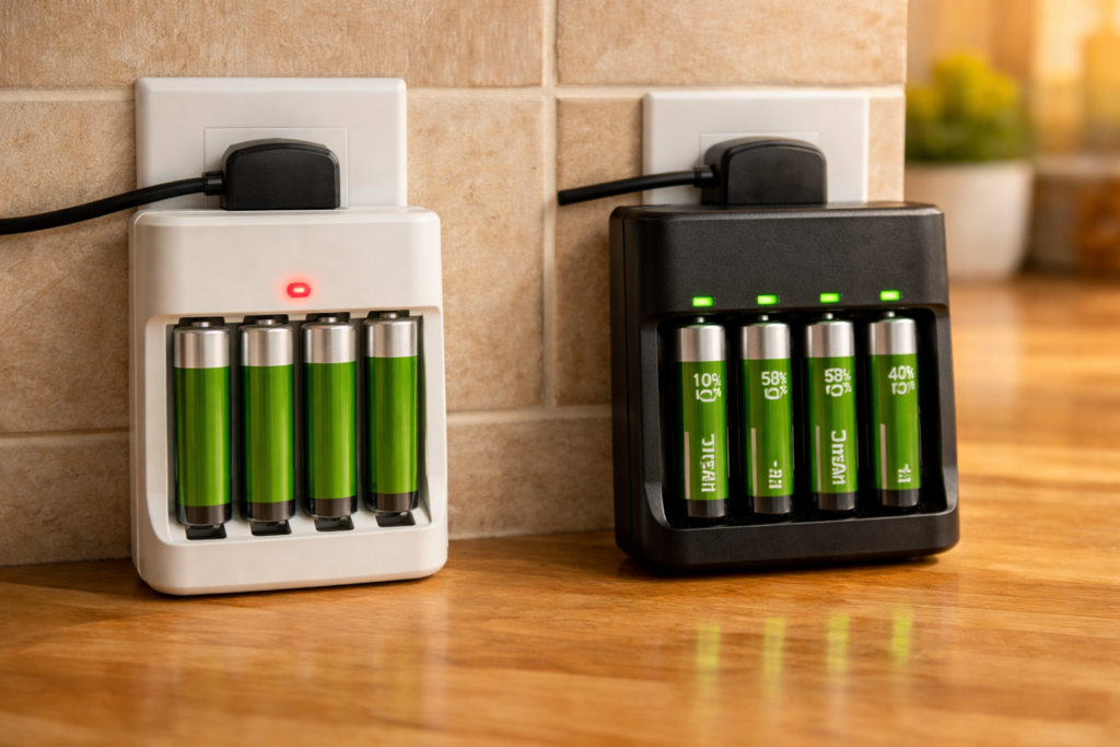 Basic battery charger versus smart battery charger side by side showing individual slot indicators and charge level display