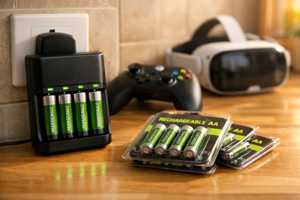Smart battery charger with rechargeable AA batteries charging on kitchen counter with Xbox controller and VR headset in background