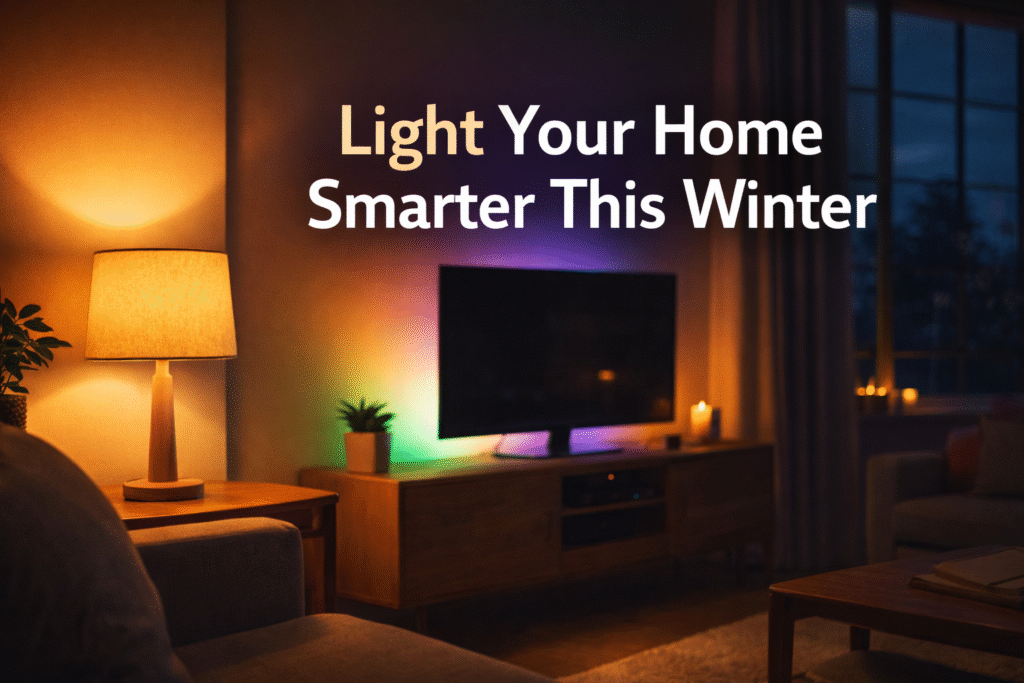 Cosy living room illuminated by warm smart lighting, with a table lamp and soft LED strip creating a winter evening glow in a modern home.