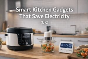Smart kitchen gadgets on a UK countertop including a multi-cooker, mini chopper and timer showing low-energy food prep