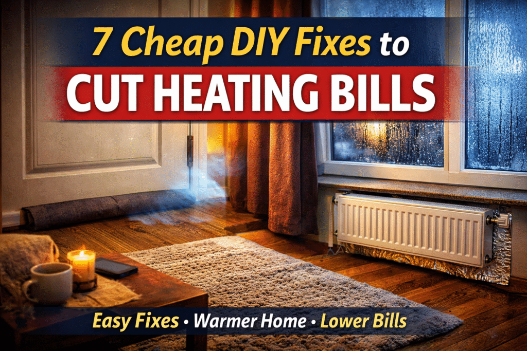 Cheap DIY fixes to cut heating bills in a UK home including door draught excluder, thermal curtains and radiator reflector