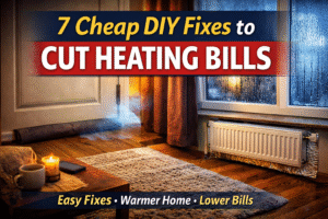 Cheap DIY fixes to cut heating bills in a UK home including door draught excluder, thermal curtains and radiator reflector