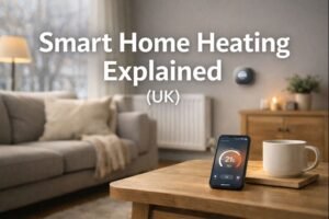 Smart home heating setup in a UK living room showing a radiator, wall-mounted thermostat and smartphone app controlling indoor temperature
