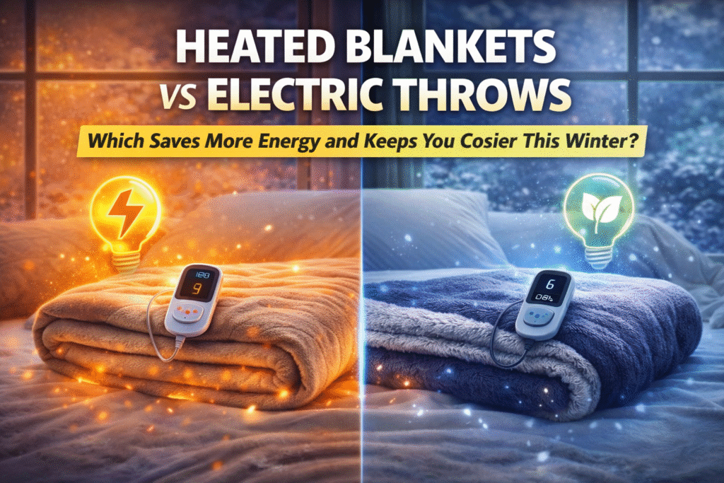Heated blanket vs electric throw comparison showing cosy winter bedding and energy efficiency icons