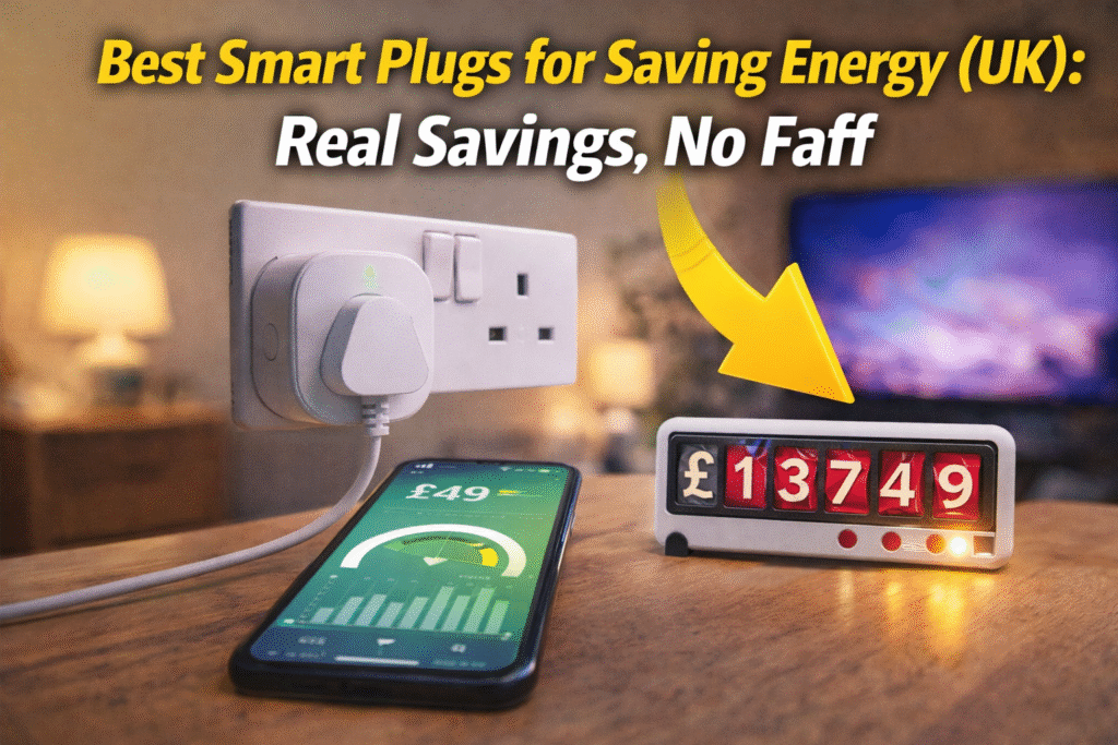 Smart plug controlling a household appliance with a phone app showing energy usage and electricity savings
