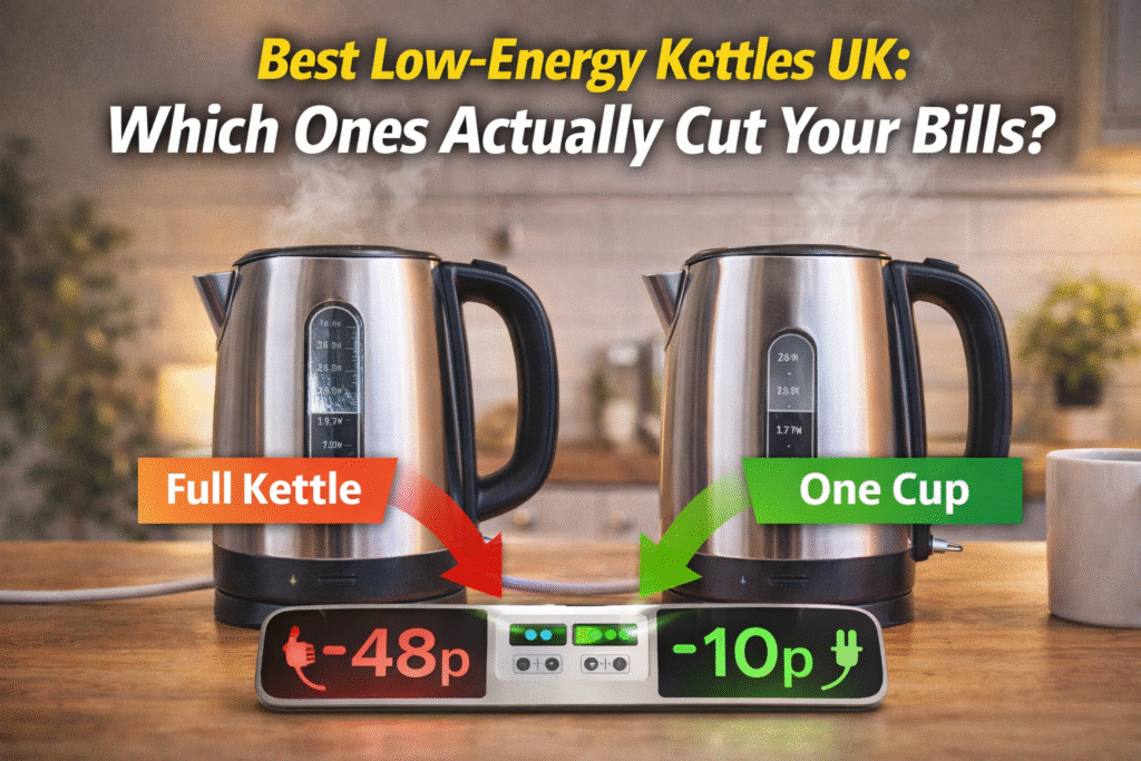 Two electric kettles in a kitchen showing energy savings by boiling less water to reduce electricity costs