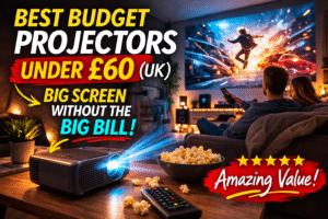 Budget home projector displaying a large movie on a wall in a cosy living room setup