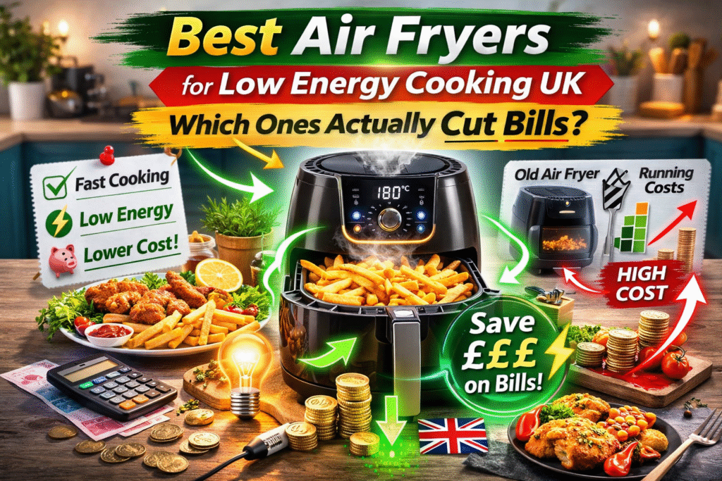 Best air fryers for low energy cooking UK showing modern air fryer with food and money saving icons