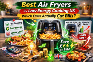 Best air fryers for low energy cooking UK showing modern air fryer with food and money saving icons