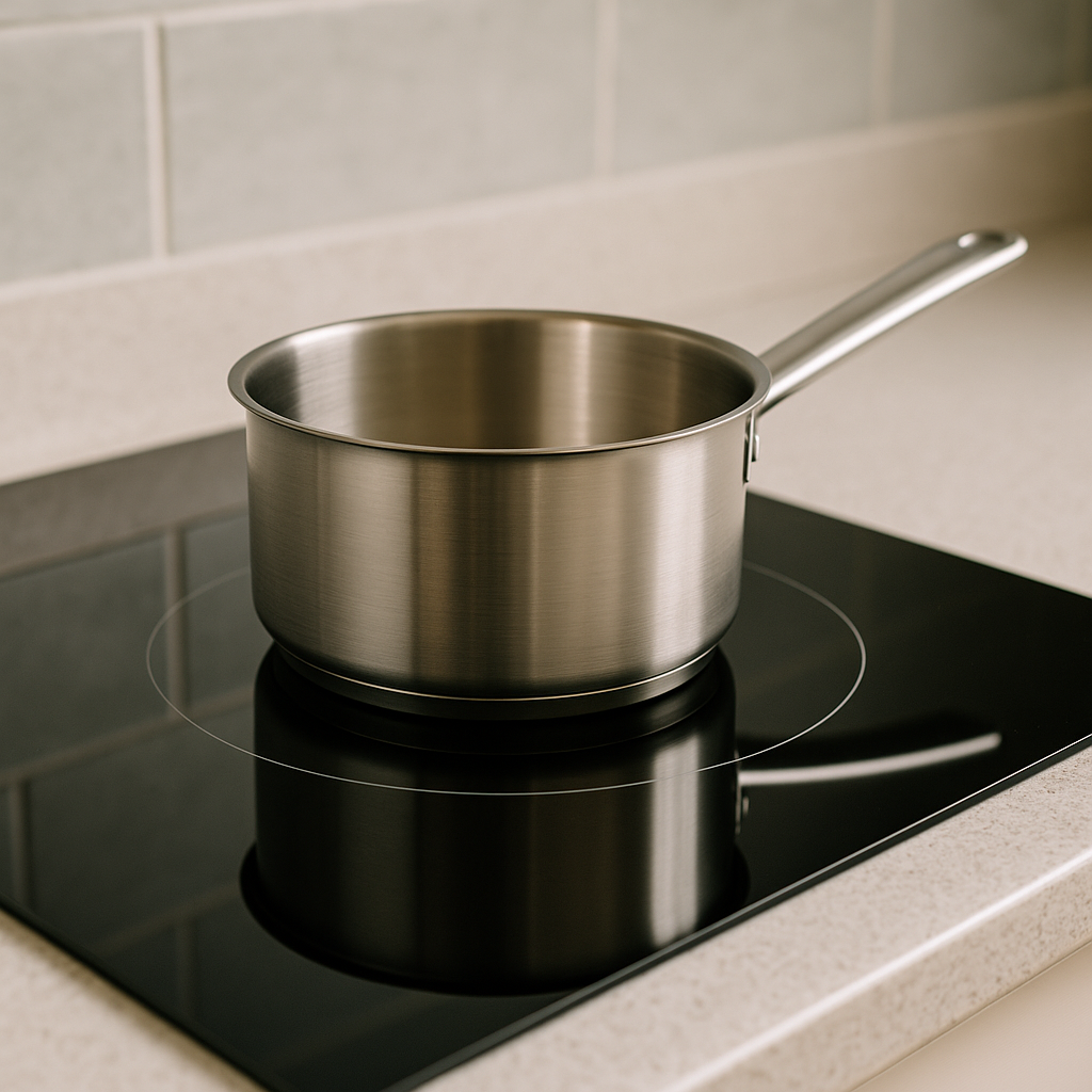 Close-up of a stainless steel saucepan correctly aligned on an induction hob with a clean, modern UK kitchen countertop and tiled backsplash.
