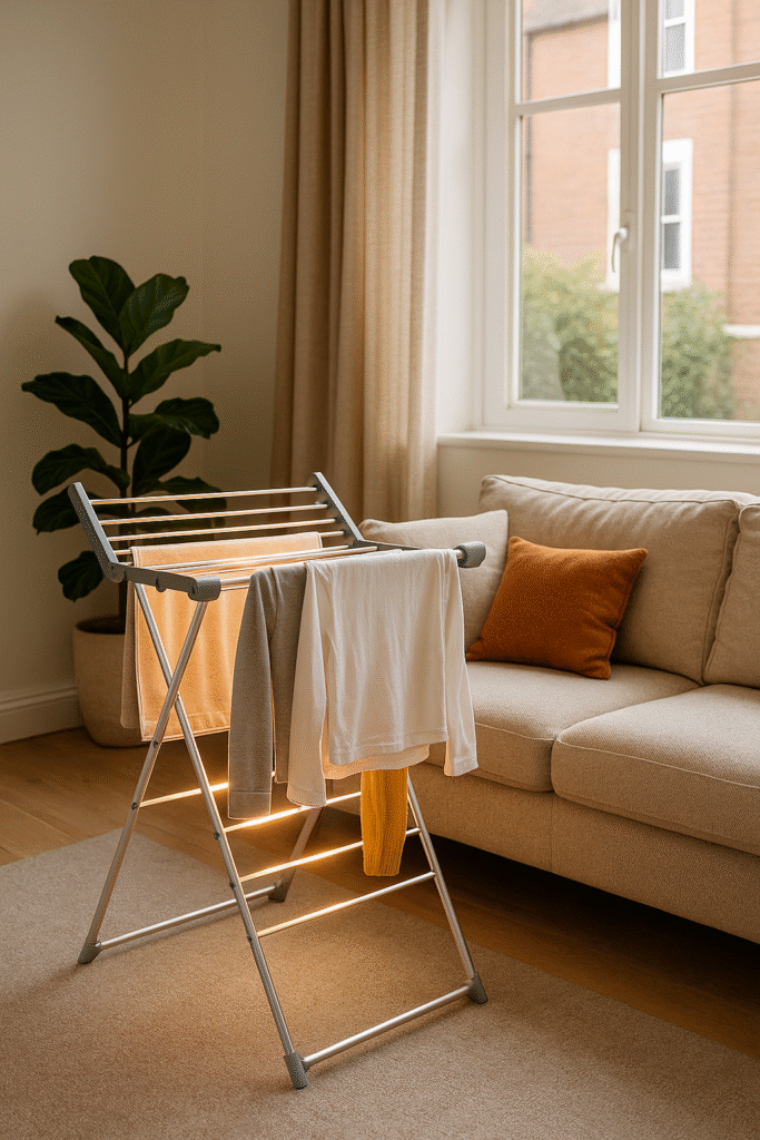 “Compact heated clothes airer glowing gently beside a beige sofa in a small UK flat living room, with clothes drying and natural daylight coming through the window.”