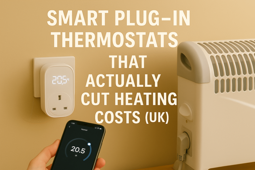 Featured image showing a plug-in smart thermostat in a wall socket next to an electric heater. A hand holds a smartphone displaying heating controls set to 20.5°C. Large text reads “Smart Plug-In Thermostats That Actually Cut Heating Costs (UK).” Warm beige and minimalist aesthetic.