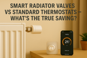 Featured image comparing heating controls: a radiator with a traditional manual valve on the left, and a smart radiator thermostat paired with a smartphone heating app on the right. Large text reads “Smart Radiator Valves vs Standard Thermostats – What’s the True Saving?” Beige background, modern and minimal.