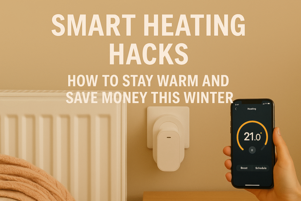 Featured image showing a radiator with a blanket draped over it, a smart plug thermostat in the wall, and a hand holding a phone displaying a heating control screen. Text reads “Smart Heating Hacks – How to Stay Warm and Save Money This Winter.” Warm beige aesthetic, minimalist UK home setting.