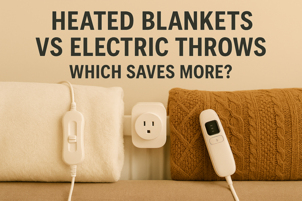 Featured image showing a heated blanket and an electric throw side by side, each with its own controller placed on top. Warm beige background with large text saying “Heated Blankets vs Electric Throws – Which Saves More?”. Minimal, cosy winter aesthetic.