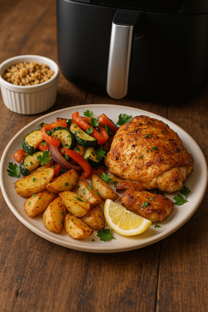 Plated air fryer meal with chicken thighs, roasted vegetables, and crispy potatoes, styled with lemon wedges and fresh herbs, air fryer visible in background.