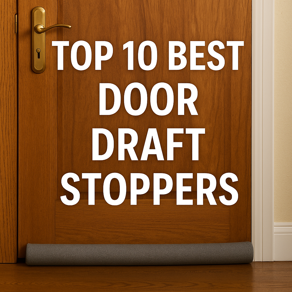 Range of UK door draft stoppers including silicone seals, fabric draught excluders, and under-door foam stoppers on a home floor.