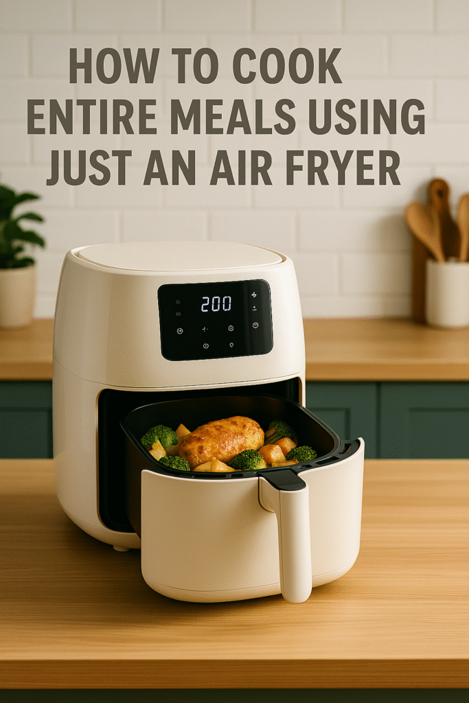 How to cook full meals in air fryer Air fryer cooking setup with chicken, vegetables, and potatoes layered in baskets