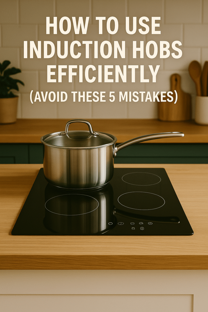 Modern induction hob in a UK kitchen with stainless steel pans and digital controls
