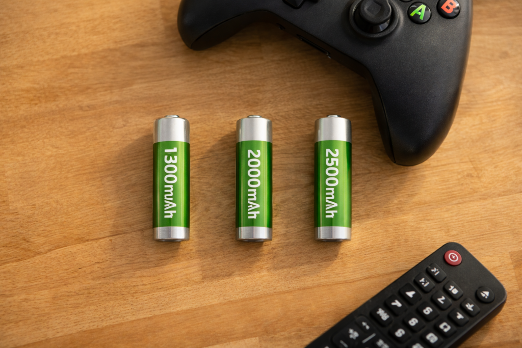 Three rechargeable AA batteries showing 1300mAh 2000mAh and 2500mAh capacity comparison beside gaming controller and TV remote