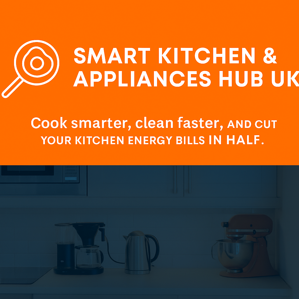 Smart kitchen appliances UK hub featuring energy-saving gadgets like air fryer, smart kettle, and induction hob in a modern kitchen setting