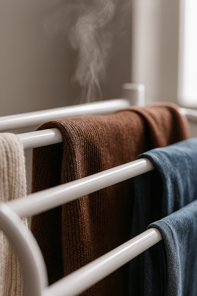 Close-up of a white heated clothes airer with three garments—cream, brown, and denim—neatly draped over horizontal bars. Wisps of steam rise subtly from the middle bar, suggesting warmth. A softly blurred window in the background lets in natural light, adding a calm, domestic feel.