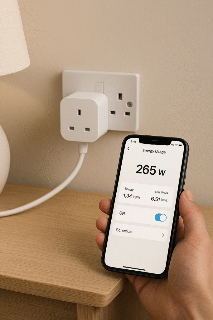 A close-up, modern UK home setting showing a smart plug in use alongside a smartphone displaying simple energy usage data. The focus is on clarity and control — one appliance plugged into a smart socket, with the phone showing clear power usage figures and scheduling controls. Clean desk or side-table environment, soft lighting, uncluttered background, no brand names, realistic and trustworthy editorial photography style.

