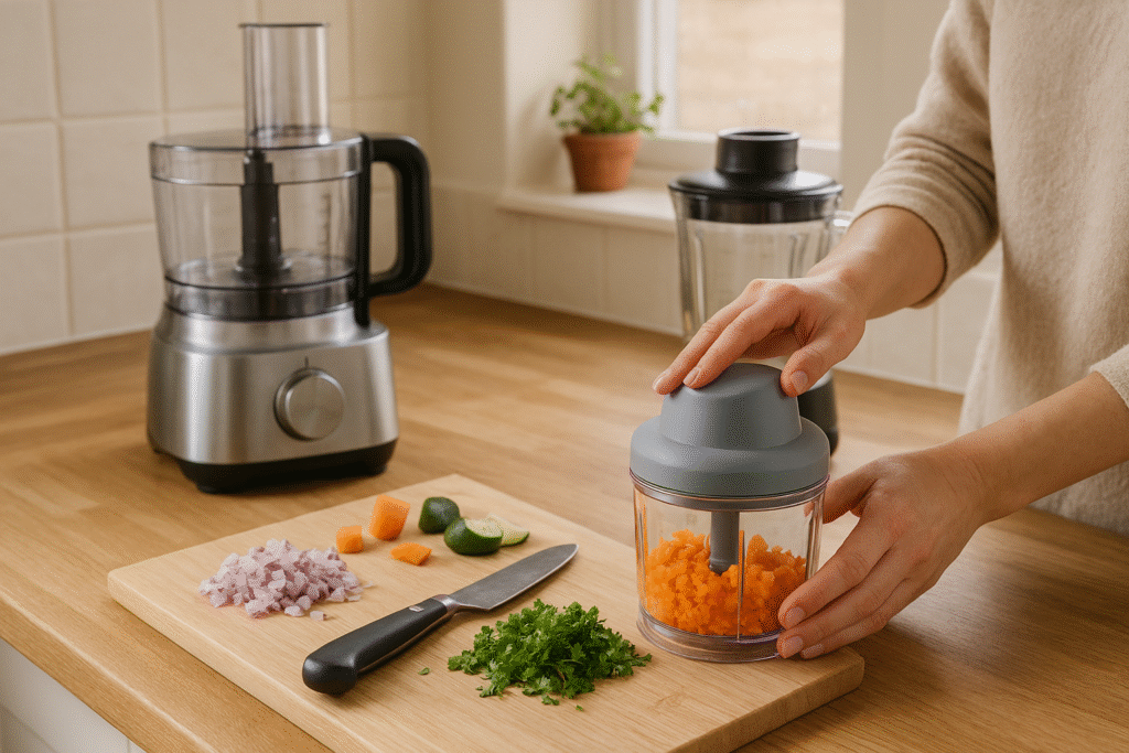 A realistic UK kitchen countertop scene showing small food prep in action: a mini food processor or chopper being used for vegetables while larger kitchen machines like a full food processor and blender are visible but pushed to the side. Bright natural lighting, tidy workspace, neutral tones, no brand names, no text. The image should suggest efficient, low-energy food preparation in a small kitchen environment.