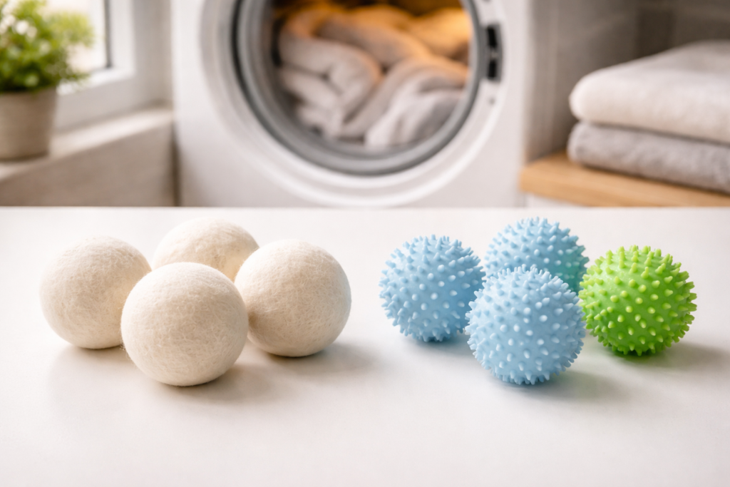 Wool dryer balls and plastic spiked dryer balls laid out side by side on a laundry room surface