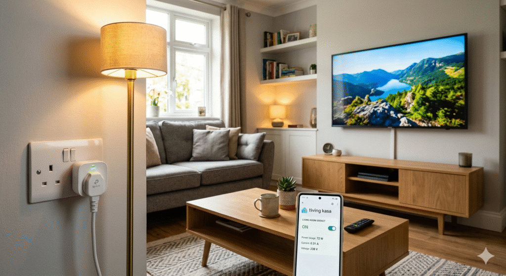 A bright modern UK living room scene showing a smart plug connected to a wall socket controlling a lamp and television. The smart plug has a small LED indicator showing it is active. A smartphone on a nearby coffee table displays a smart home app showing electricity usage and on/off controls. The room is tidy and modern with warm lighting, highlighting how smart plugs help reduce wasted standby electricity in everyday homes.

