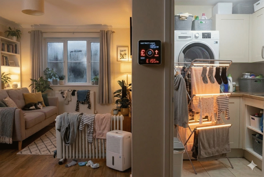 A side by side comparison — left side showing clothes draped over a radiator in a cluttered way, right side showing the same clothes neatly on a heated airer in one spot. No text needed on the image itself. It visually reinforces the radiator section argument better than words alone.

