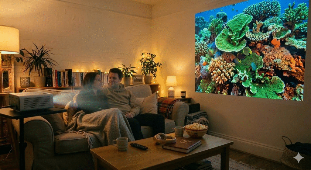 A cozy living room at night featuring a couple sitting on a sofa, looking at each other with smiles. To the left, a small projector sits on a side table, with its lens facing toward the right side of the frame, emitting a beam of light. On the wall to the right, a large, vibrant image of a colorful coral reef is projected. The room is warmly lit by a floor lamp and string lights, and a wooden coffee table in the foreground holds a bowl of popcorn, mugs, and headphones, creating a relaxed home cinema atmosphere.