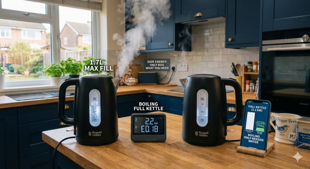 A visual comparison scene showing two kettles on a kitchen counter: one kettle filled to the maximum line and another filled with just one cup of water. A smartphone or energy monitor beside them displays electricity usage data. The kitchen environment looks modern and realistic for a UK household. The image highlights the concept of saving electricity by boiling only the water you need.

