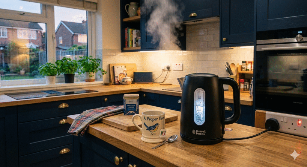 A bright modern UK kitchen scene showing a sleek electric kettle boiling a small amount of water on a kitchen counter. Steam rises from the kettle while a nearby mug sits ready for tea. The kettle’s water level window clearly shows only a small amount of water inside, demonstrating energy-efficient boiling. The kitchen has warm lighting, modern appliances, and a cosy British home atmosphere that highlights everyday energy-saving habits.

