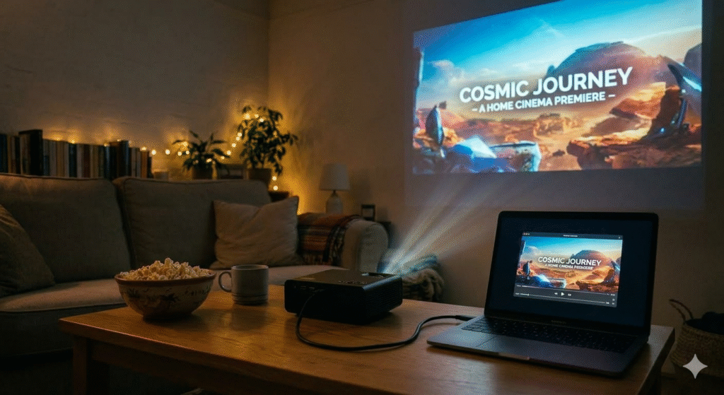 A close-up scene of a compact portable mini projector sitting on a wooden table projecting a large HD movie onto a wall. A laptop is connected via HDMI cable beside the projector. The image on the wall shows a bright film scene while the surrounding room remains dim, highlighting the projector beam and big-screen effect. The setting looks like a modern UK living room, emphasising how small affordable projectors can create a cinema-style experience at home.

