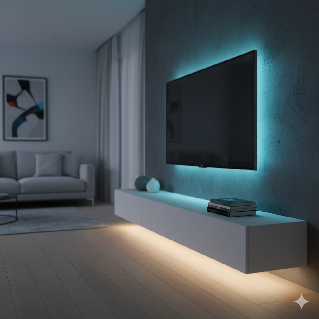 A sleek UK-style living room or bedroom with an RGBWW LED strip installed under a TV unit, behind a desk, or along a bedframe.
The lighting should show multiple tones (soft warm white + gentle colour ambience), giving a premium “smart home” feel.