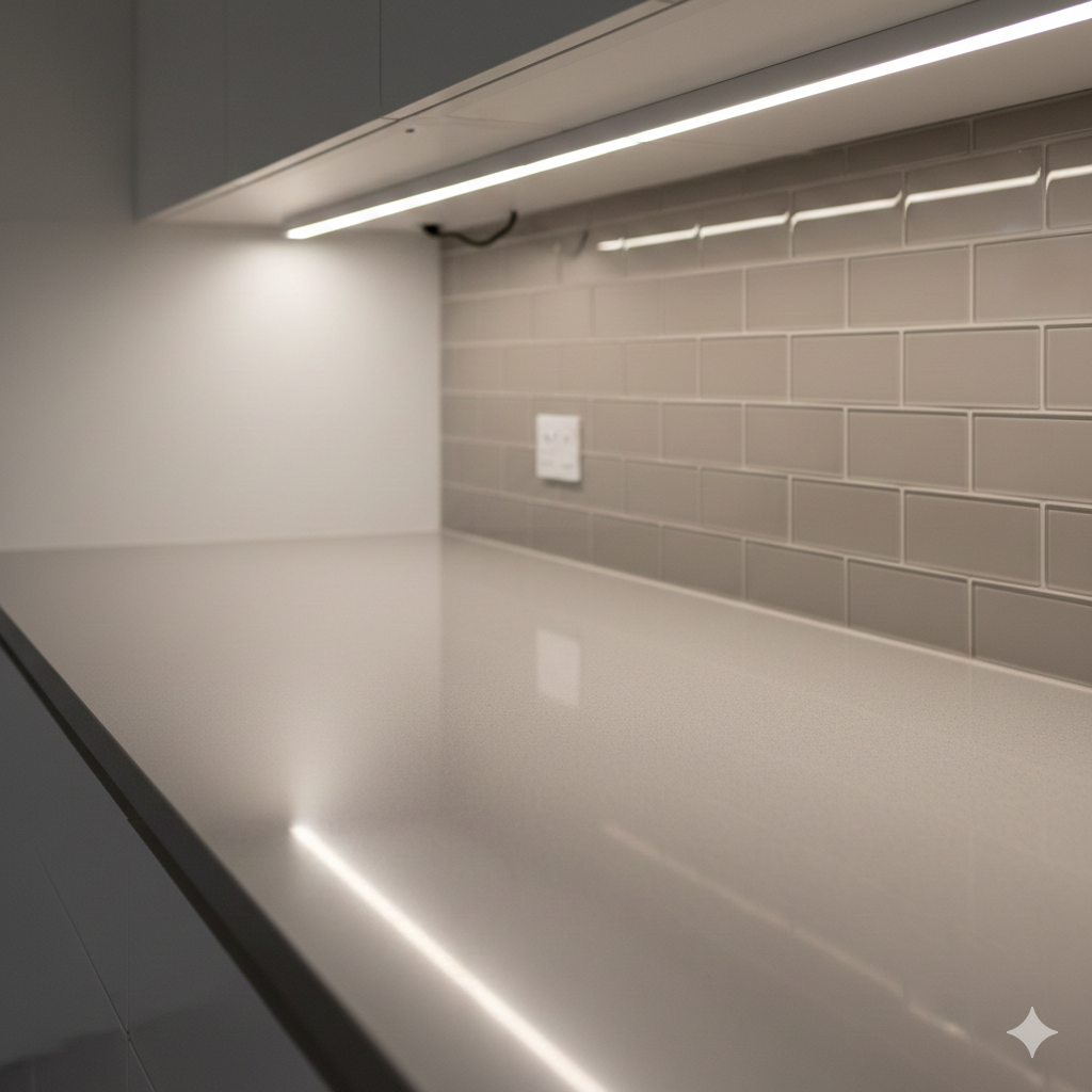 A kitchen worktop or shelving unit illuminated by slim RGB or cool-white LED strip lights installed under cabinets or along the underside of a shelf.
Warm reflections on a countertop or neutral-toned kitchen tiles.
No people or hands in the shot.