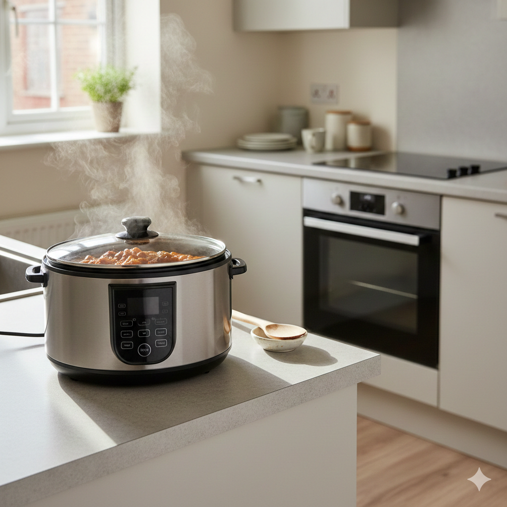 A clean, modern UK kitchen showing a compact smart multi-cooker on a countertop preparing food, while a full-sized oven and hob sit unused in the background. The scene should feel realistic and relatable for a small UK flat kitchen, with natural daylight, neutral colours, and minimal clutter. The focus is on how a small appliance can handle cooking tasks without needing to power larger appliances. No brand logos, no text, photorealistic editorial style.

