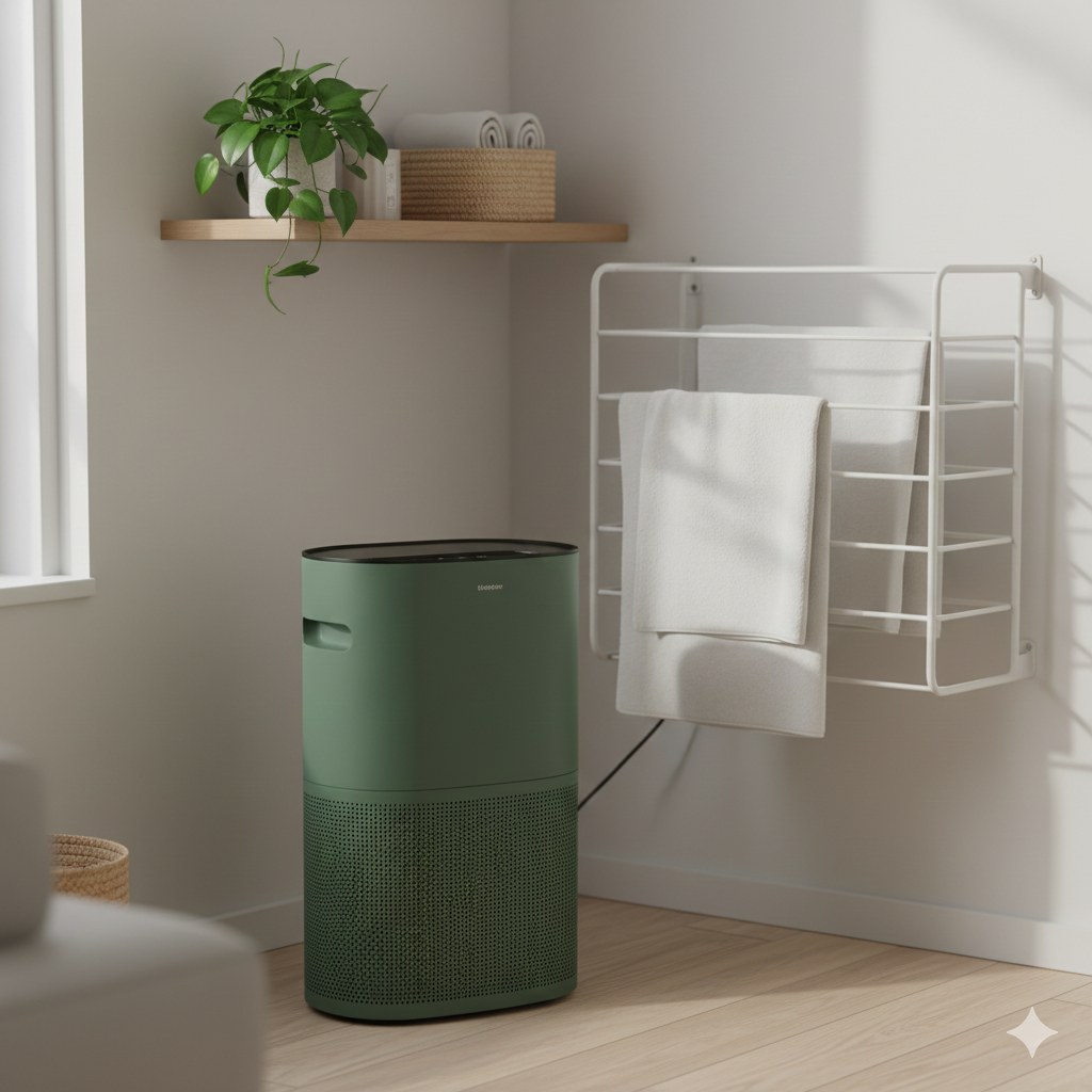 This image would show a more compact, aesthetically pleasing dehumidifier in a smaller, well-designed space, demonstrating how it blends in without being obtrusive.