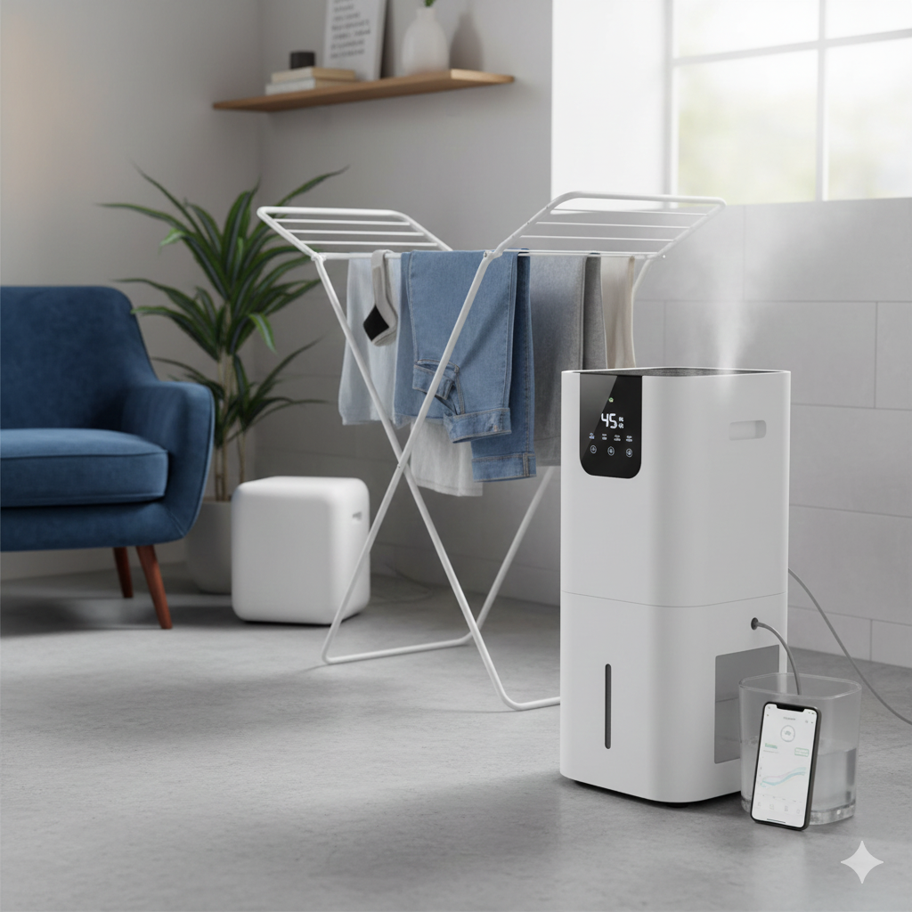 This image would highlight a modern, sleek dehumidifier working alongside a clothes airer, emphasizing efficiency and smart features.