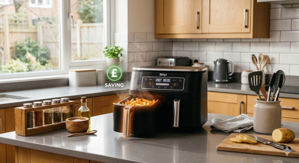 A modern UK kitchen worktop with a sleek air fryer in use, glowing slightly as it cooks chips or chicken. Subtle steam rising, with a small visual overlay of a “£ saving” or electricity icon to suggest reduced energy usage. Clean, bright lighting with a realistic home feel, styled to look practical and appealing for everyday use.

