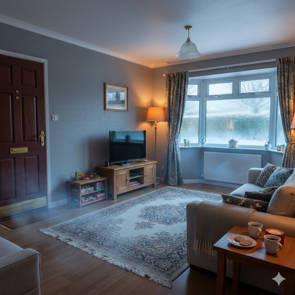 A cosy UK living room in winter with visible cold spots: a front door with a small gap underneath letting in cold air, a radiator on an external wall, and condensation on a window. Warm indoor lighting contrasts with cold blue tones near the draught areas. Family-home style, realistic, tidy but lived-in, not staged.

