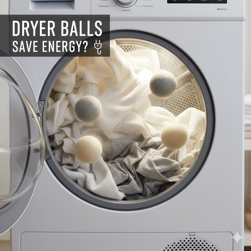 A close-up, dramatic shot from inside a brightly lit tumble dryer drum, showing several wool dryer balls tumbling with wet towels and laundry. The focus is sharp on the dryer balls, highlighting their function in separating the clothes to promote faster drying and energy saving.