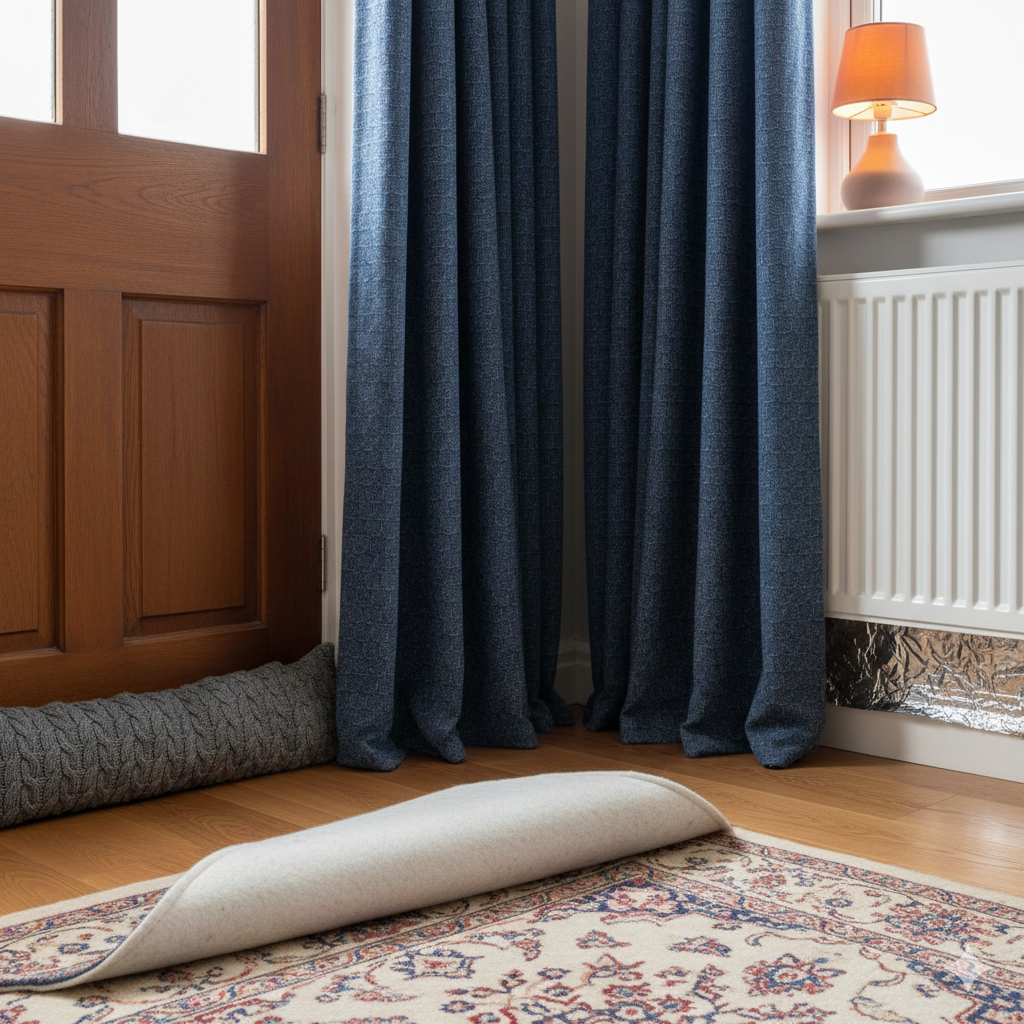 Close-up of a well-insulated UK home interior showing practical DIY heat-saving measures: a door draught excluder fitted under an internal door, thick thermal curtains covering a window, a rug with thick underlay on wooden flooring, and a radiator with reflector foil behind it. Bright, warm lighting with a cosy winter atmosphere.

