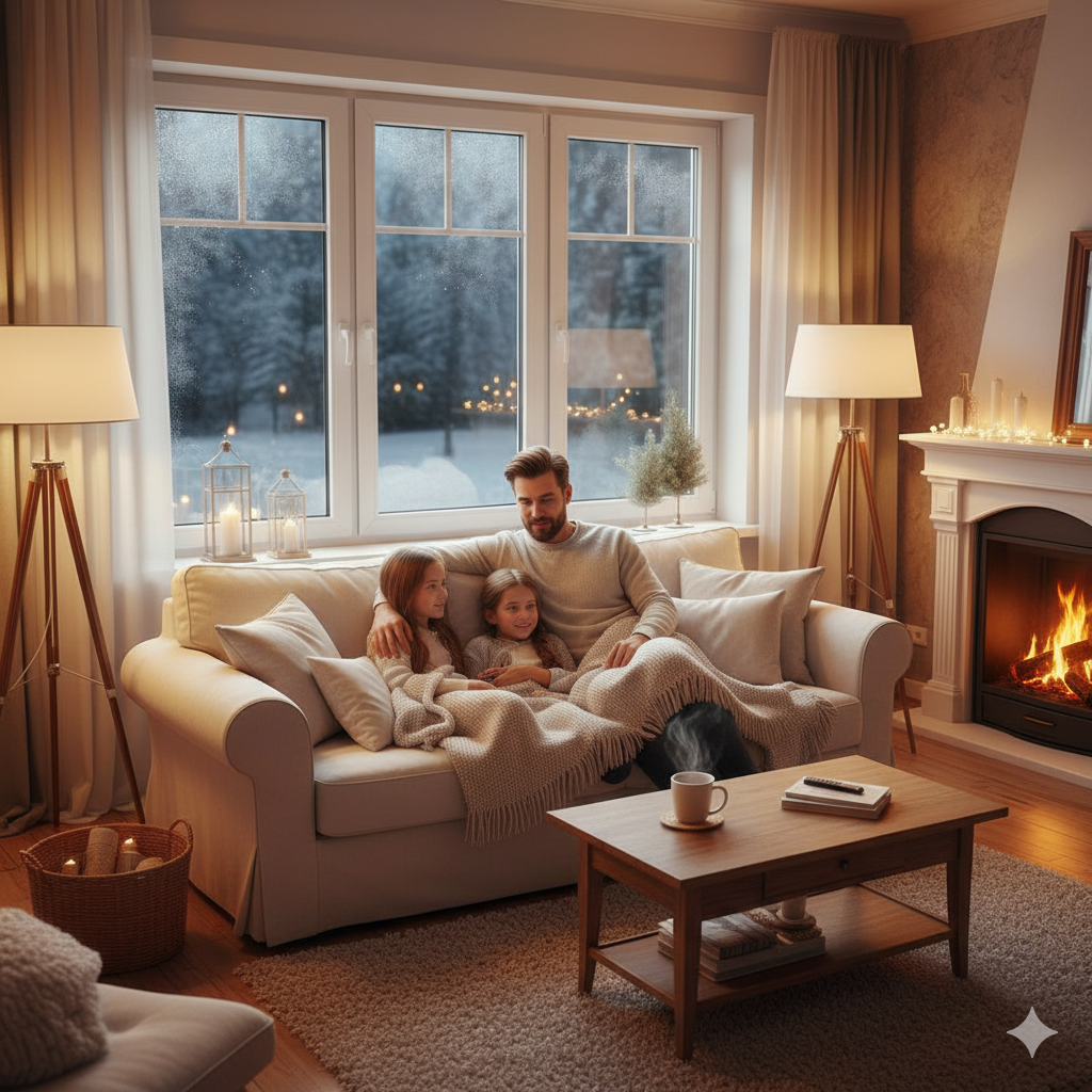 Cosy Room Result: A wide shot of a comfortable, warm living room at dusk. A family is relaxing on a sofa under soft, warm lighting. The room feels snug and draught-free, and the insulated windows are clear and natural, communicating the benefit of a warmer home without highlighting the film itself.