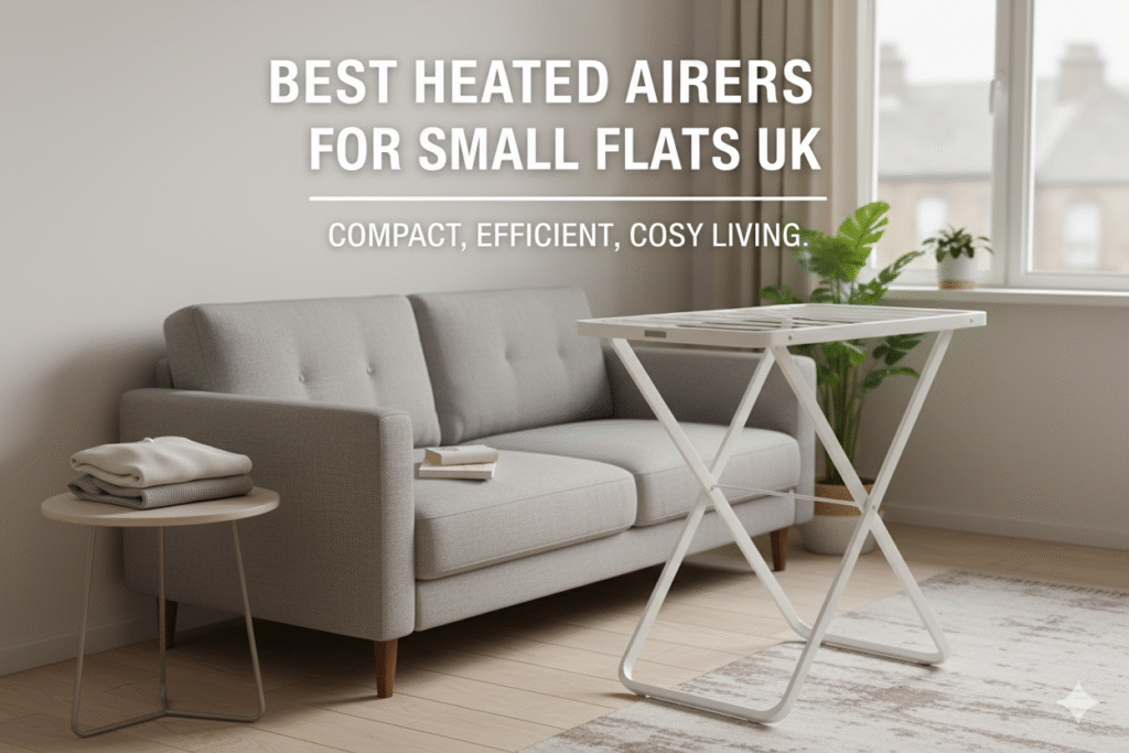 A white, slim, folding heated airer with a warm, orange-yellow glow emanating from its vertical rails, placed neatly next to a grey sofa in a cosy, tidy UK small flat living room. Clothes are lightly draped over the airer's rails. White text overlay reads: "Best Heated Airers for Small Flats UK".
