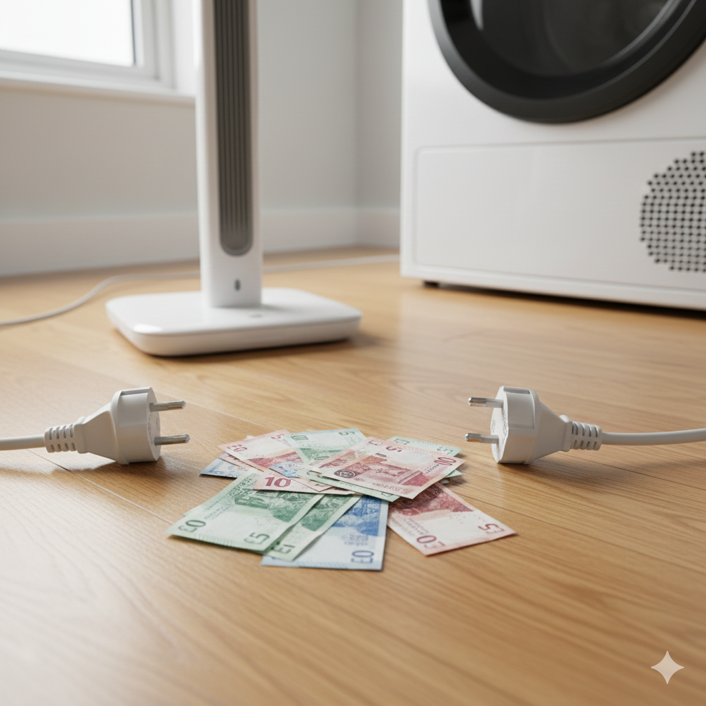 A close-up, high-angle shot of a pile of UK £20, £10, and £5 banknotes laid out next to a white heated airer plug and a tumble dryer plug, symbolizing the financial cost difference between running the two appliances.