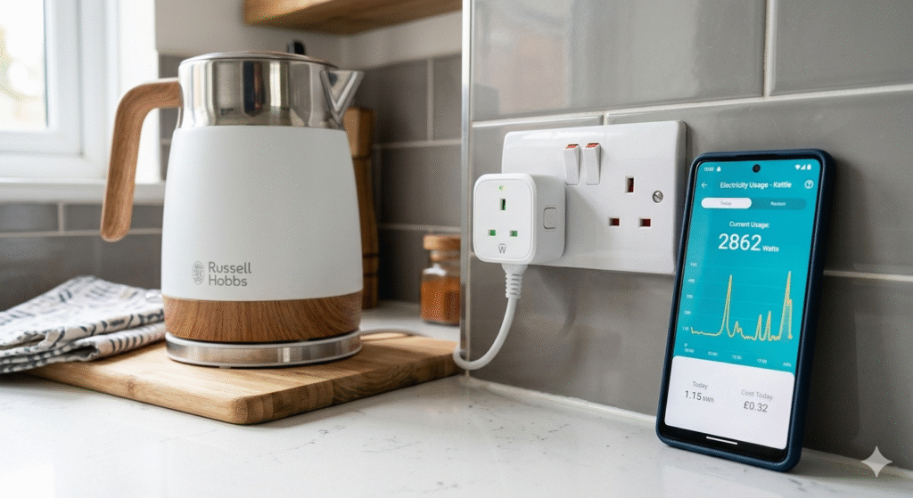 A close-up scene of a smart plug plugged into a UK wall socket with a kettle connected to it. Next to the socket, a smartphone screen displays an electricity usage graph from a smart plug energy monitoring app. The display shows real-time power usage in watts. The scene is set in a modern kitchen with soft natural lighting, emphasising how smart plugs help track and reduce energy consumption in UK households.

