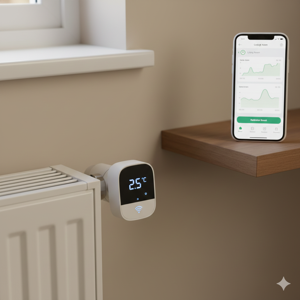 A close-up view of a modern white smart radiator valve attached to a white panel radiator in a UK home setting. The valve features a small digital screen displaying the temperature, such as $20.5^\circ\text{C}$. Nearby, a smartphone screen is visible, showing a corresponding heating schedule or temperature control interface for the smart home system. This focuses on the high-tech control aspect of modern heating.