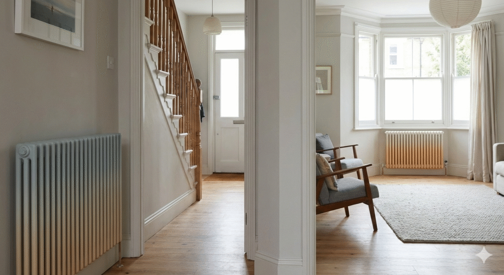 A realistic UK residential setting showing heating zones in a subtle visual way. A semi-detached or terraced UK home interior with multiple rooms suggested (living room and hallway visible), radiators at different temperatures indicated by gentle colour gradients. Clean, calm aesthetic with muted colours. No diagrams, no labels, no brand logos. Photorealistic style, editorial-quality image suitable for an educational article about smart heating systems.

